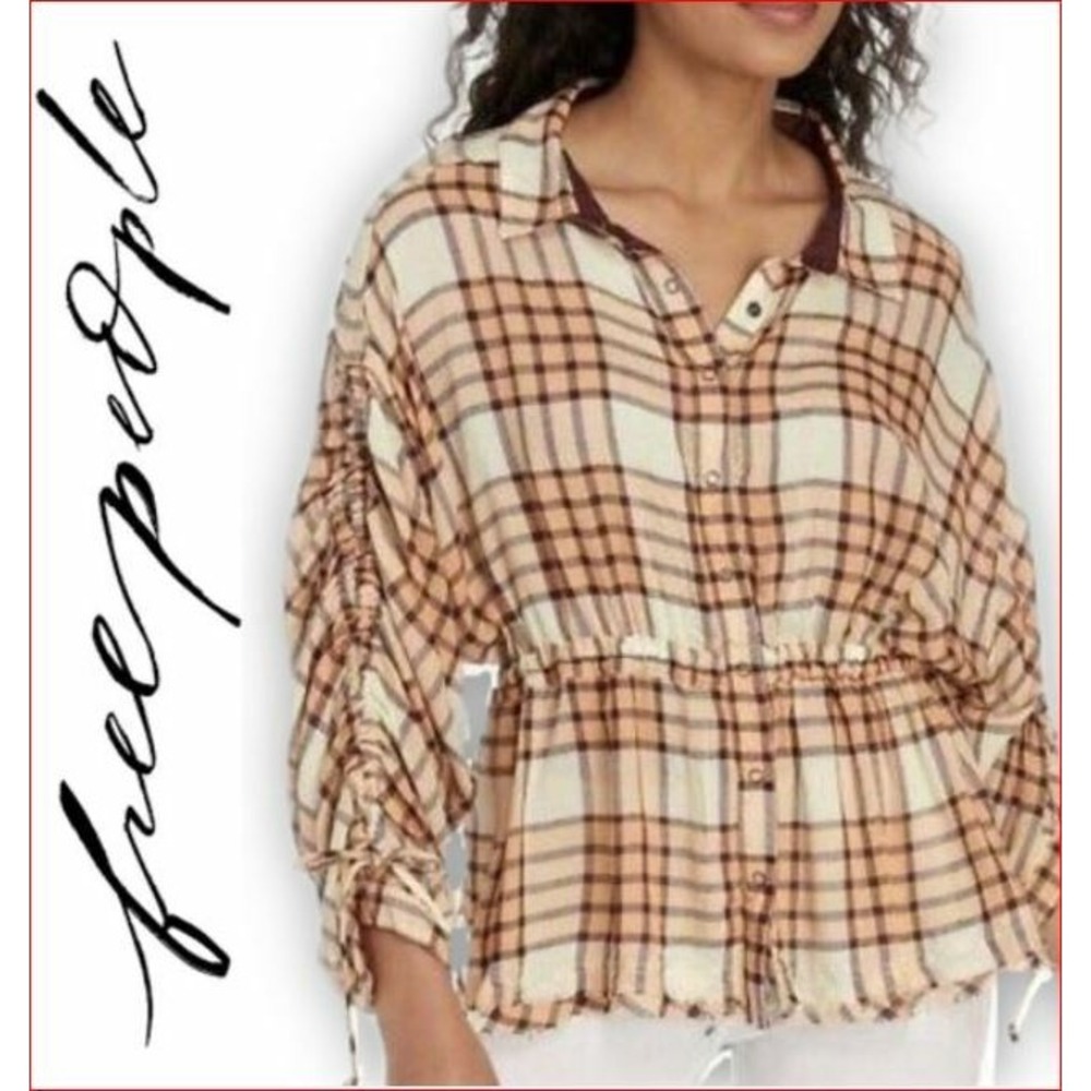 Free People We The Tree Plaid Blouse Peach Tree Wool Blend XS OB1050935